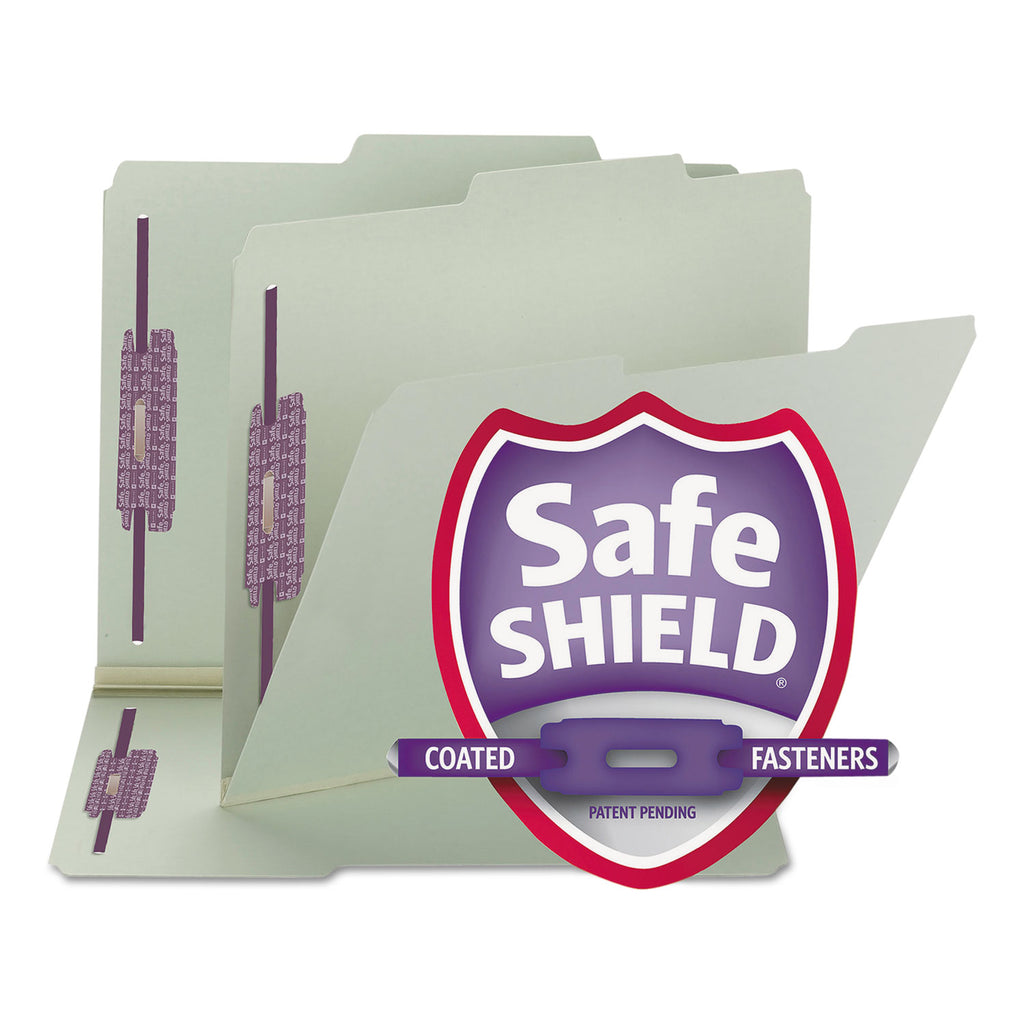 Recycled Pressboard Folders, Two SafeSHIELD Coated Fasteners, 2/5-Cut: R of C, 1" Expansion, Letter Size, Gray-Green, 25/Box