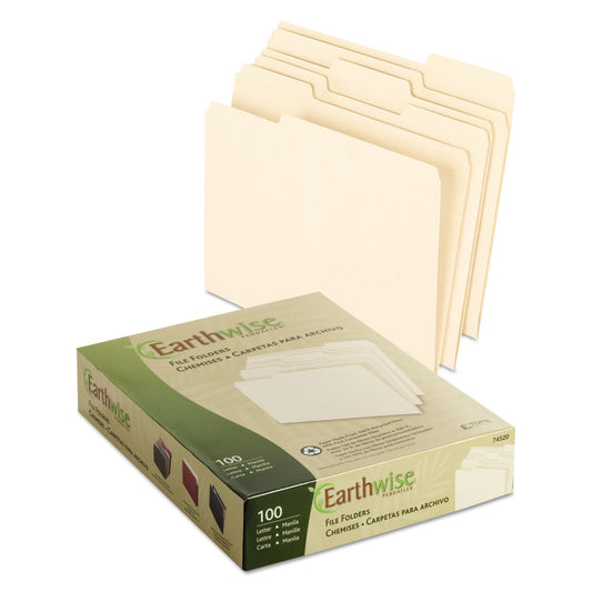 Earthwise by Pendaflex 100% Recycled Manila File Folder, 1/3-Cut Tabs: Assorted, Letter, 0.75" Expansion, Manila, 100/Box