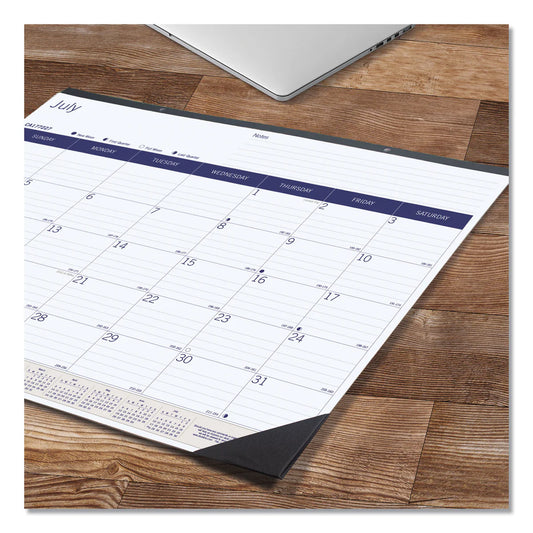 Academic Monthly Desk Pad Calendar, 22 x 17, White/Blue/Gray Sheets, Black Binding/Corners,