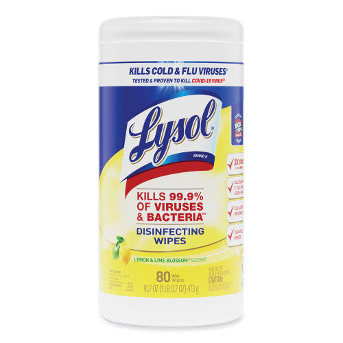 LYSOL Brand Disinfecting Wipes, 1-Ply, 7 x 7.25, Lemon and Lime Blossom, White, 80 Wipes