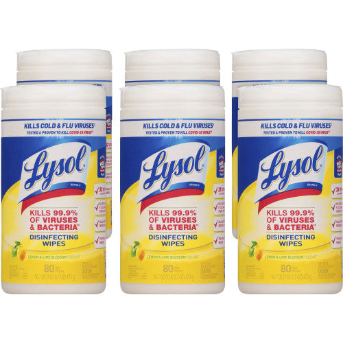 LYSOL Brand Disinfecting Wipes, 1-Ply, 7 x 7.25, Lemon and Lime Blossom, White, 80 Wipes